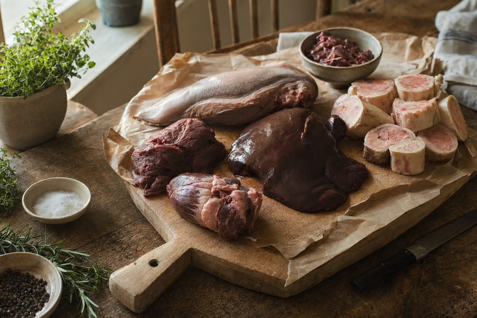 Organ meats arranged on a wooden board in warm light