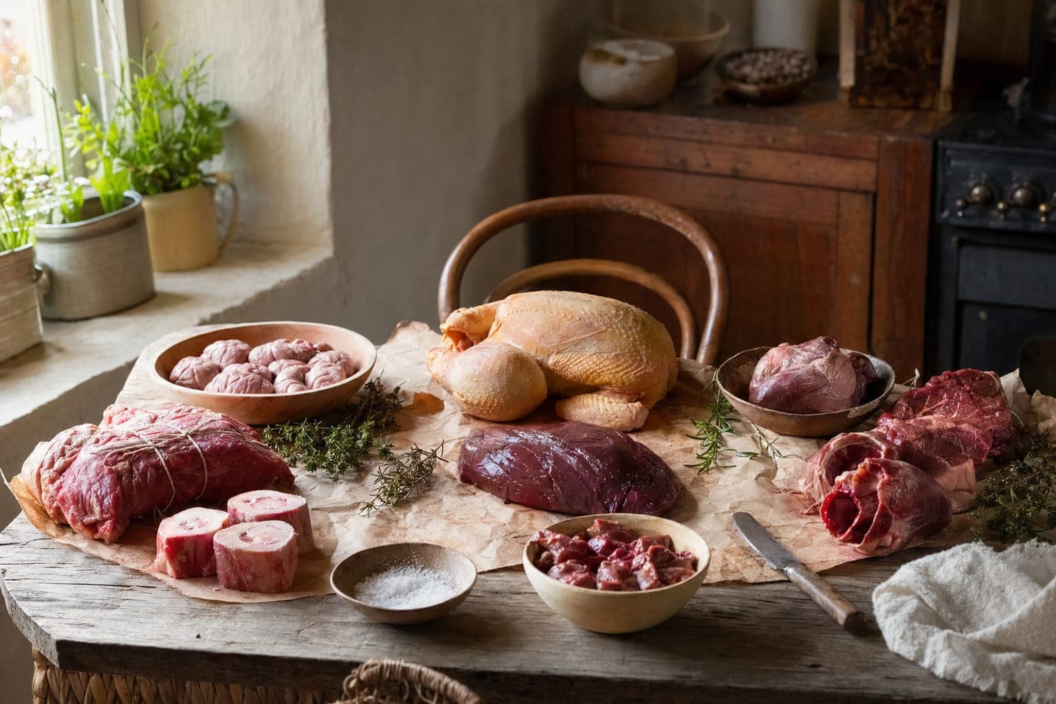 Raw meat and a basket of produce on a kitchen counter in warm light