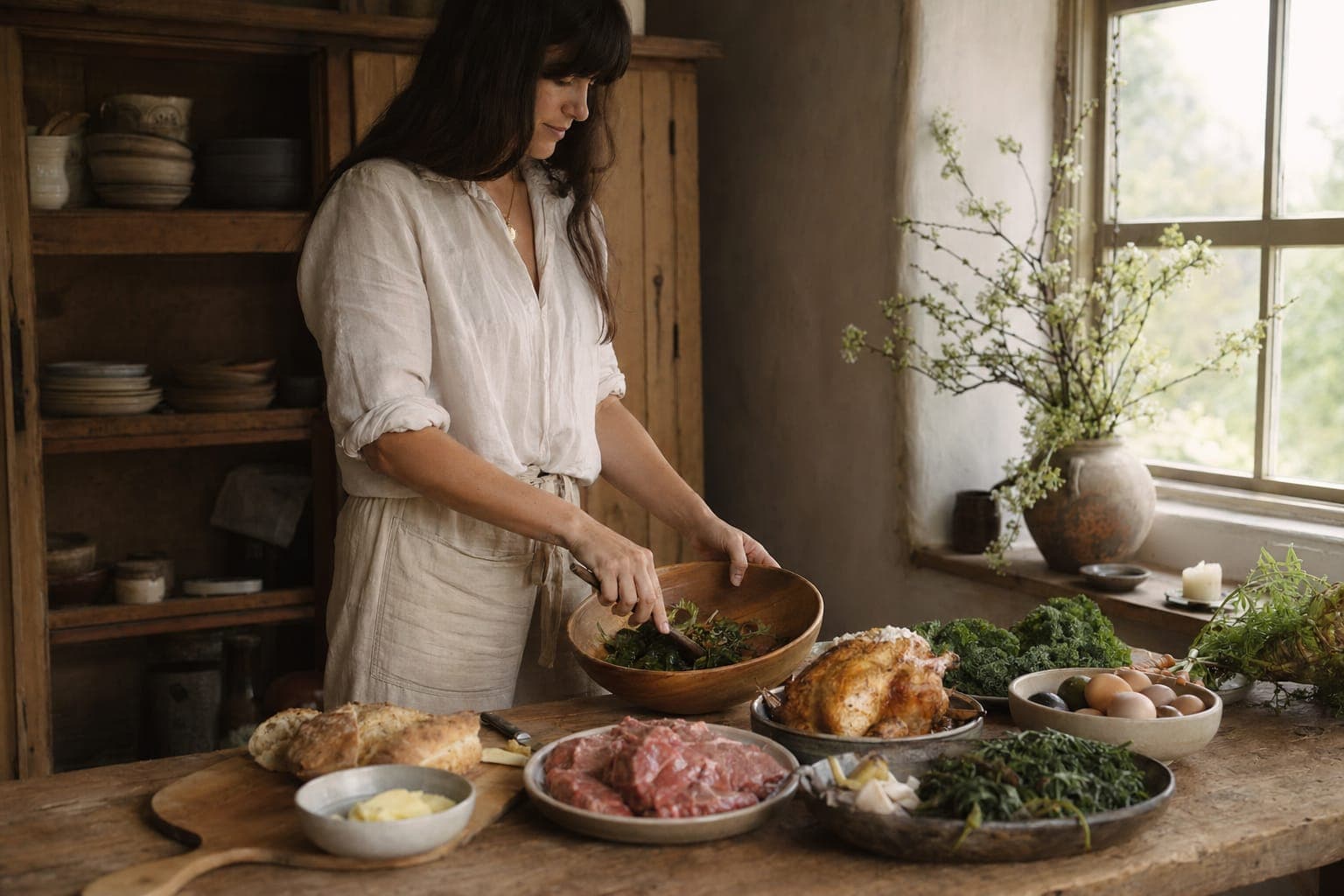 A man preparing raw meat and greens at a kitchen counter
