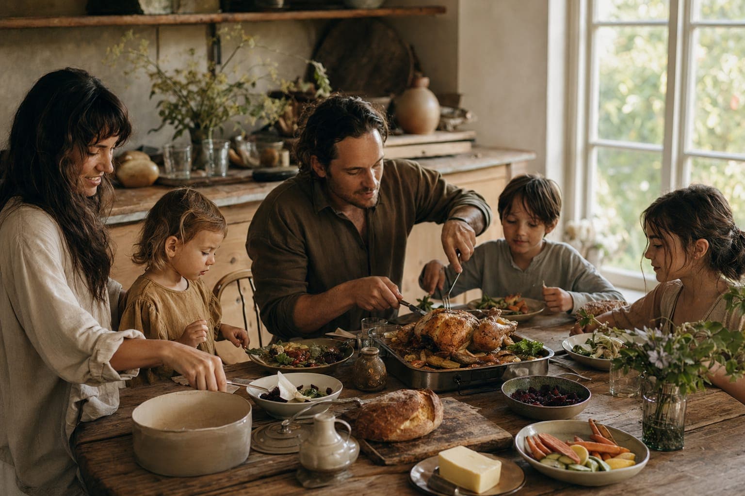 A family sharing a meal at a table in warm light