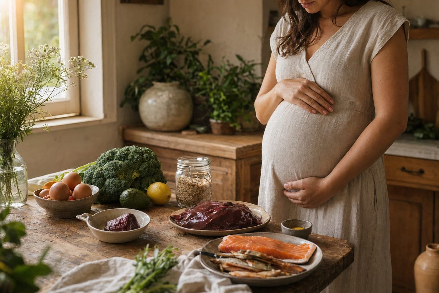 A pregnant woman preparing meat and herbs at a counter in soft light