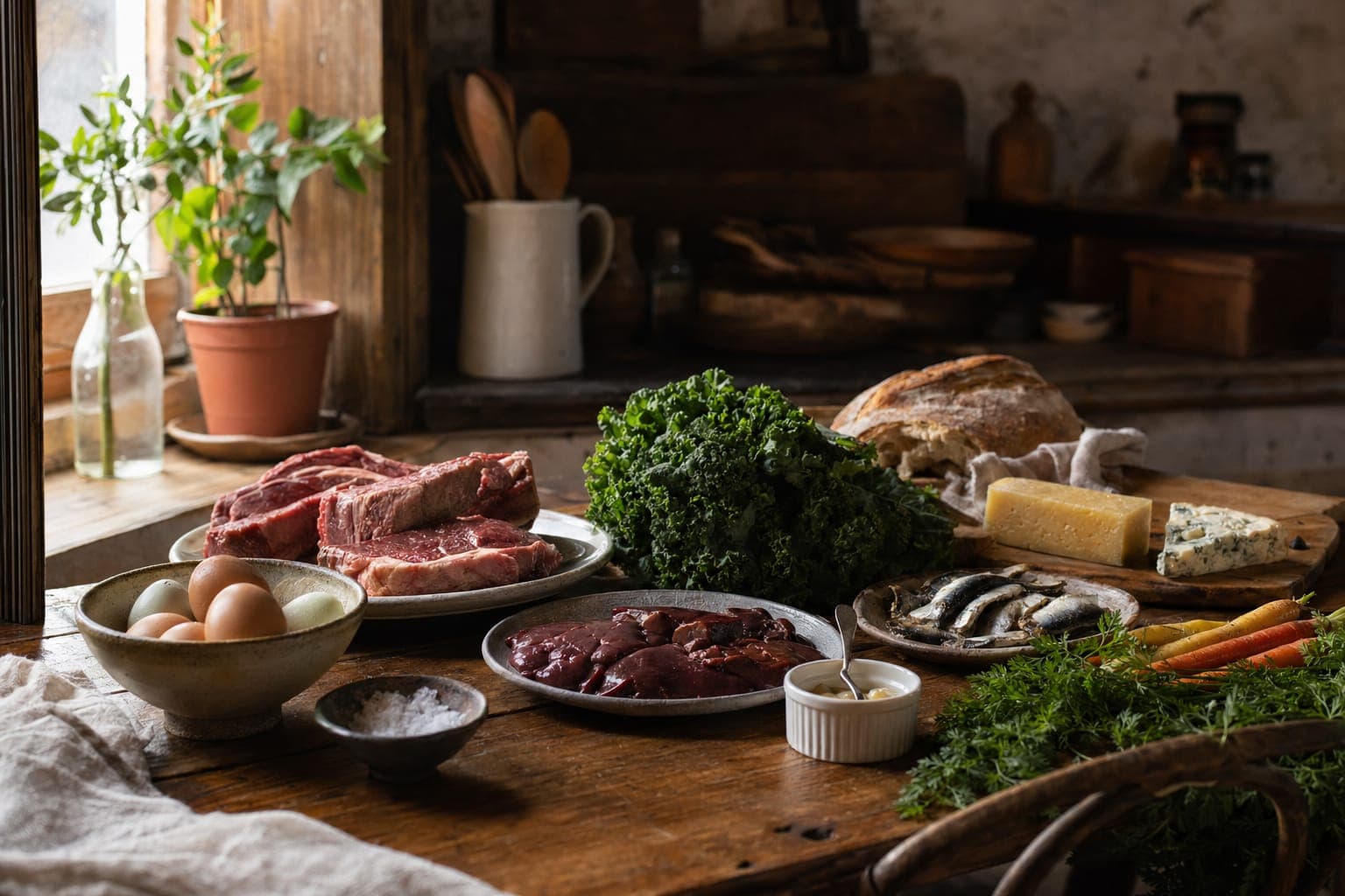 A spread of fresh vegetables and meat on a dark table