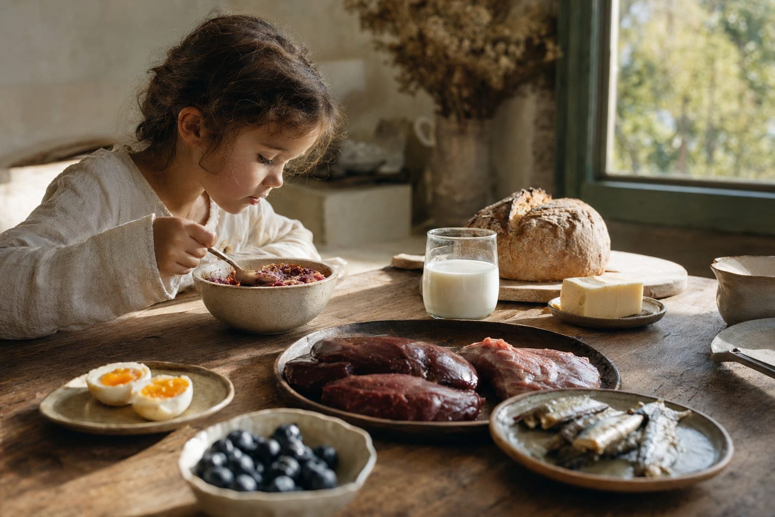 Raw meat and eggs on a kitchen counter in warm light