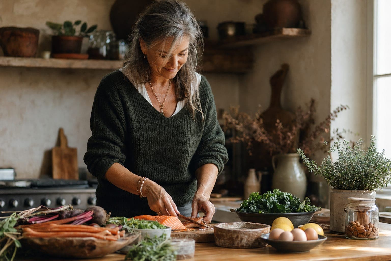 A woman preparing food in a warm kitchen in soft light