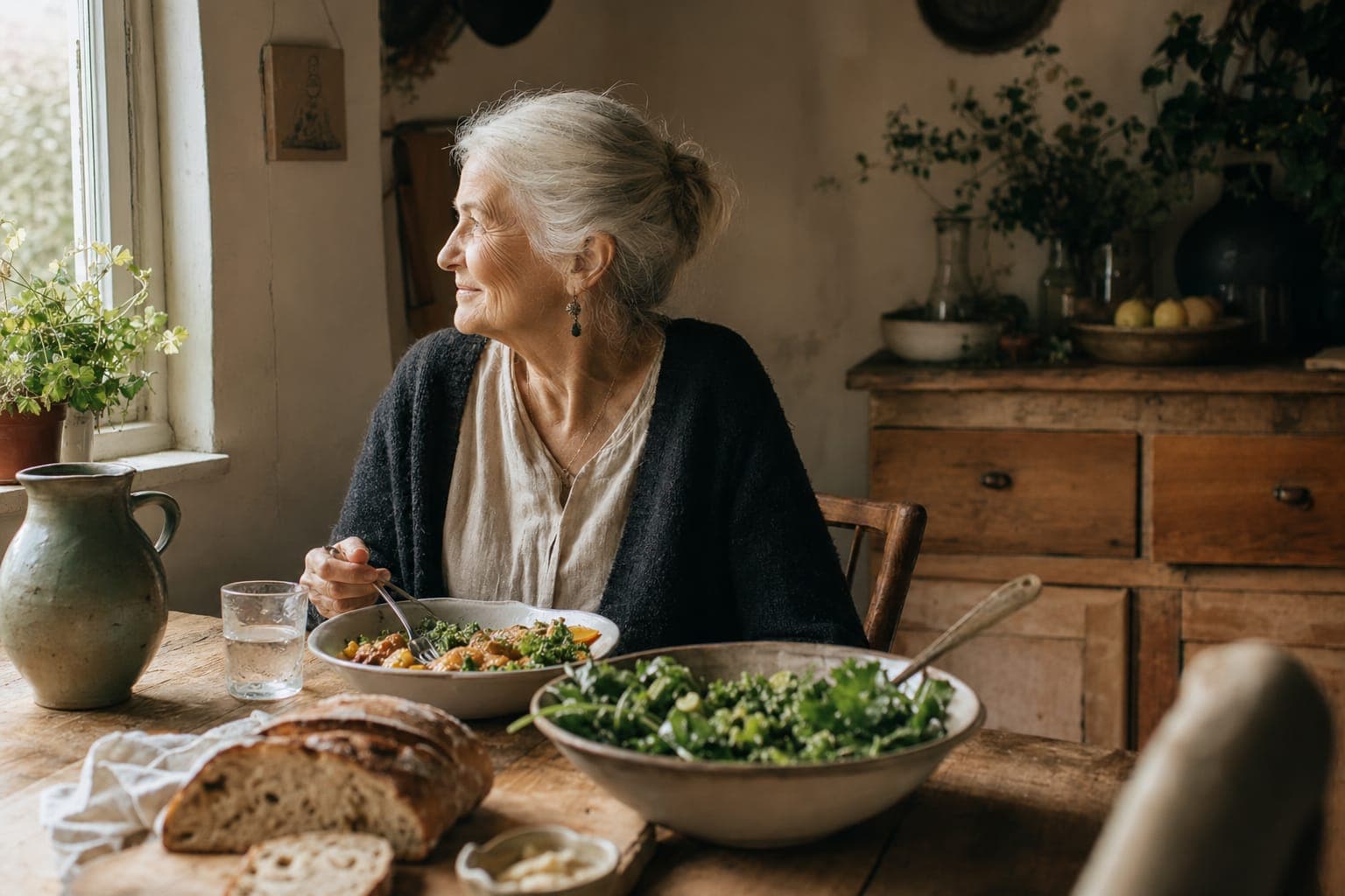 An older woman seated at a table of food in soft light