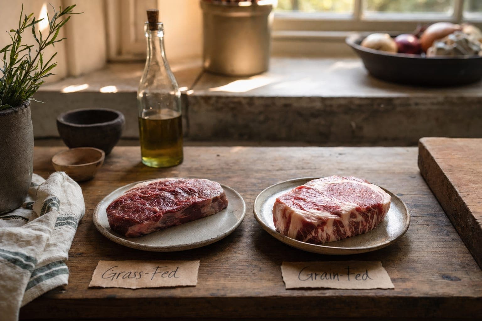 Raw meat and herbs on a board on a rustic table in warm light