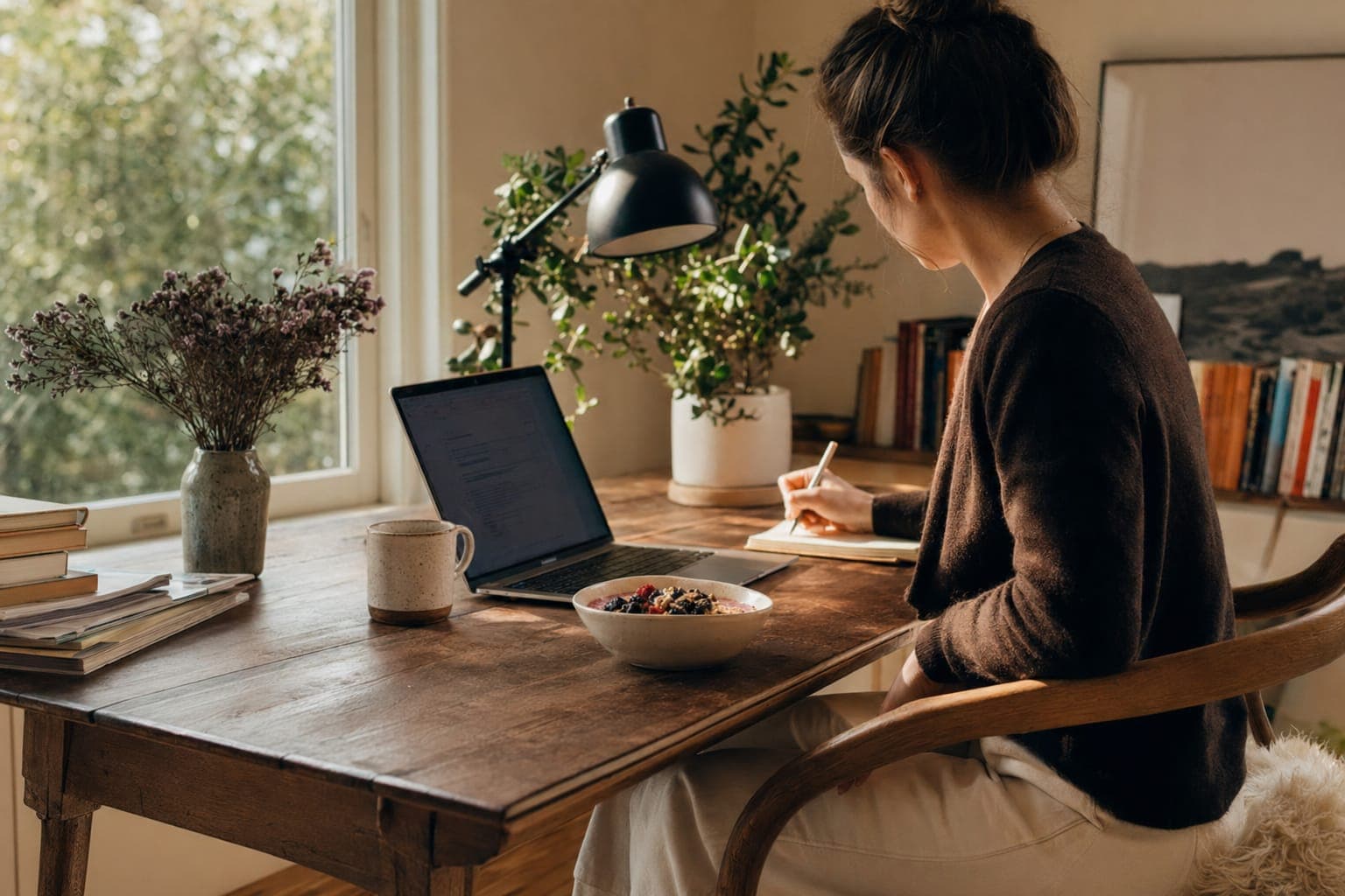 A woman working at a laptop at a kitchen table in soft light