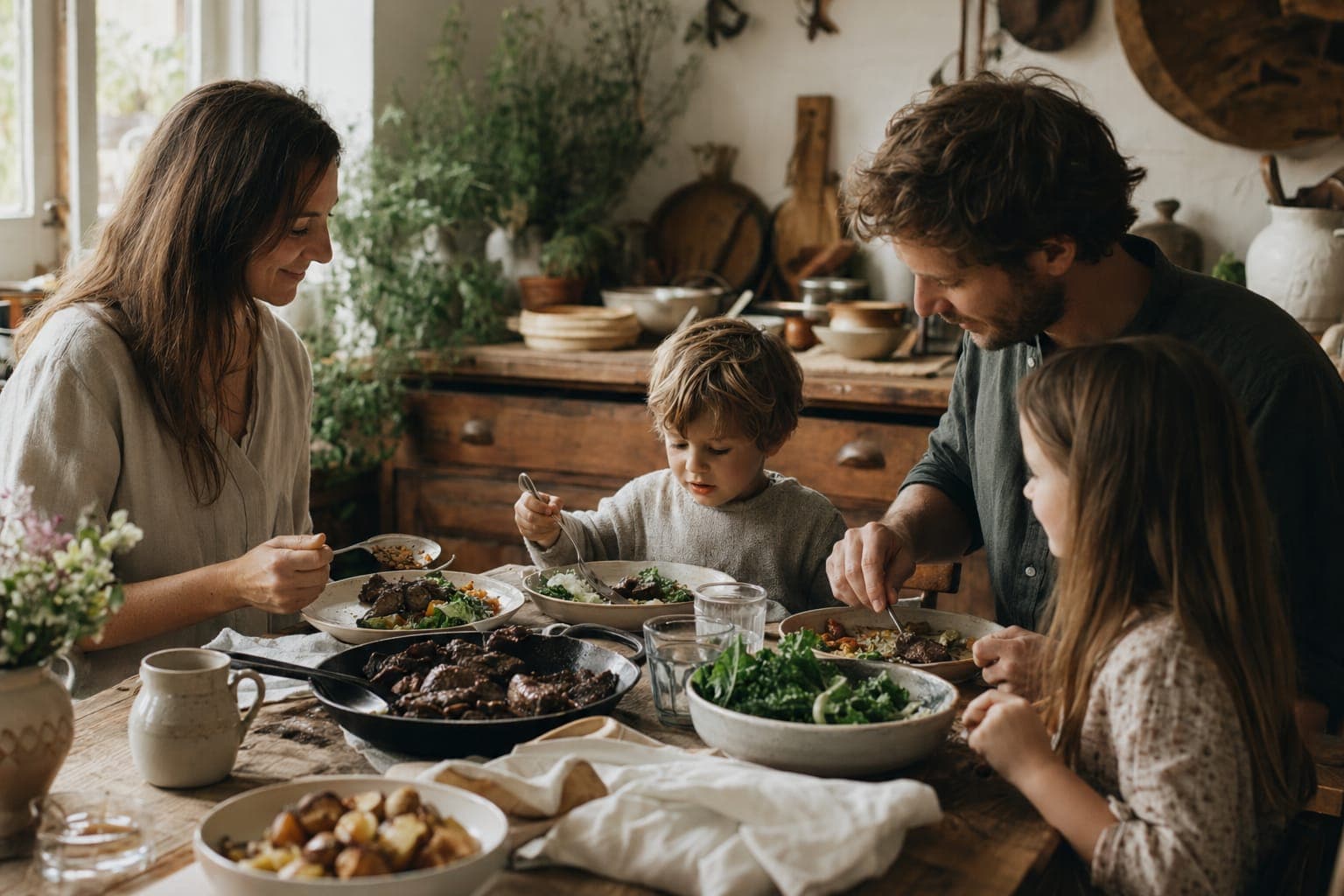 A grandparent and child preparing food together in a warm kitchen