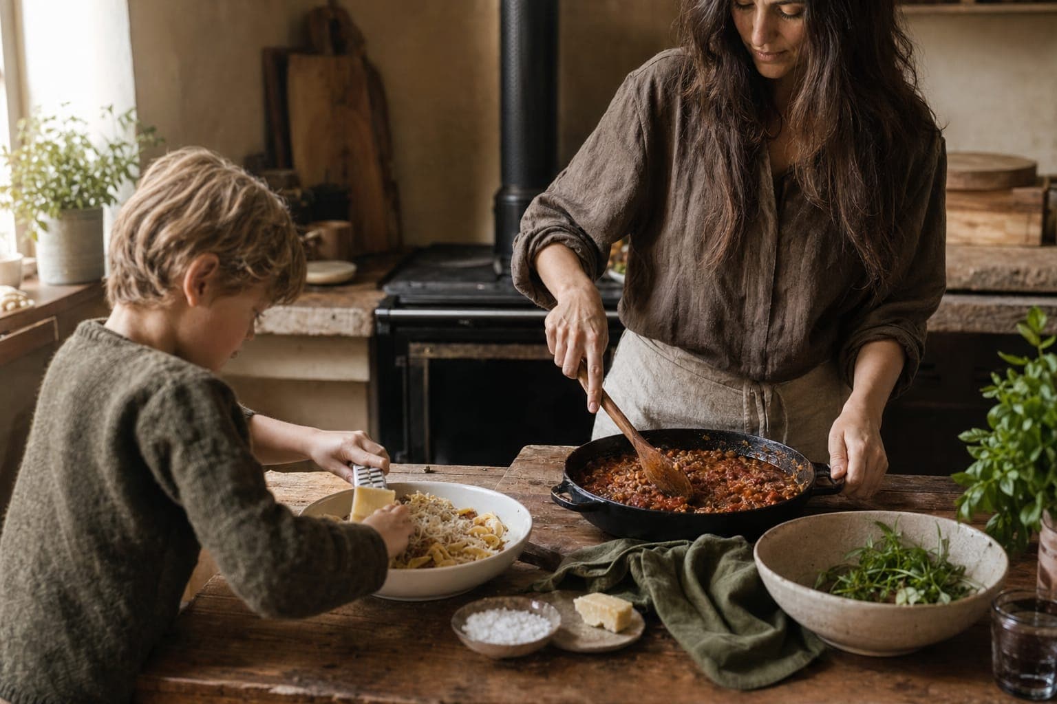 A woman and children at a table with food in warm light