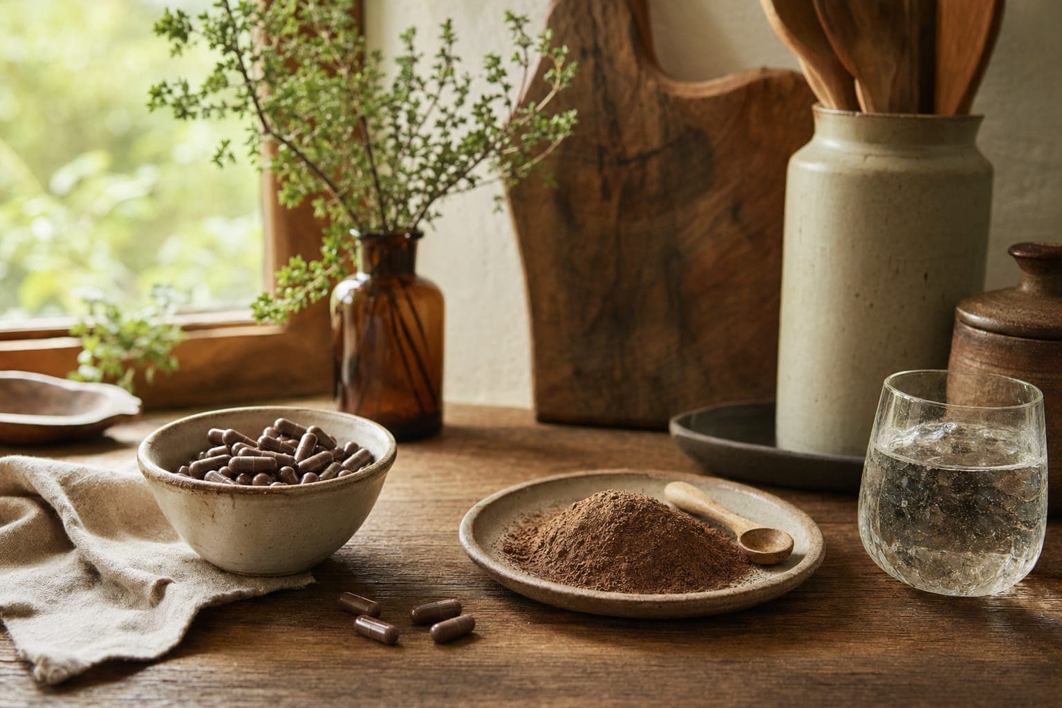 A bowl of dark powder and dates on a kitchen counter in soft light