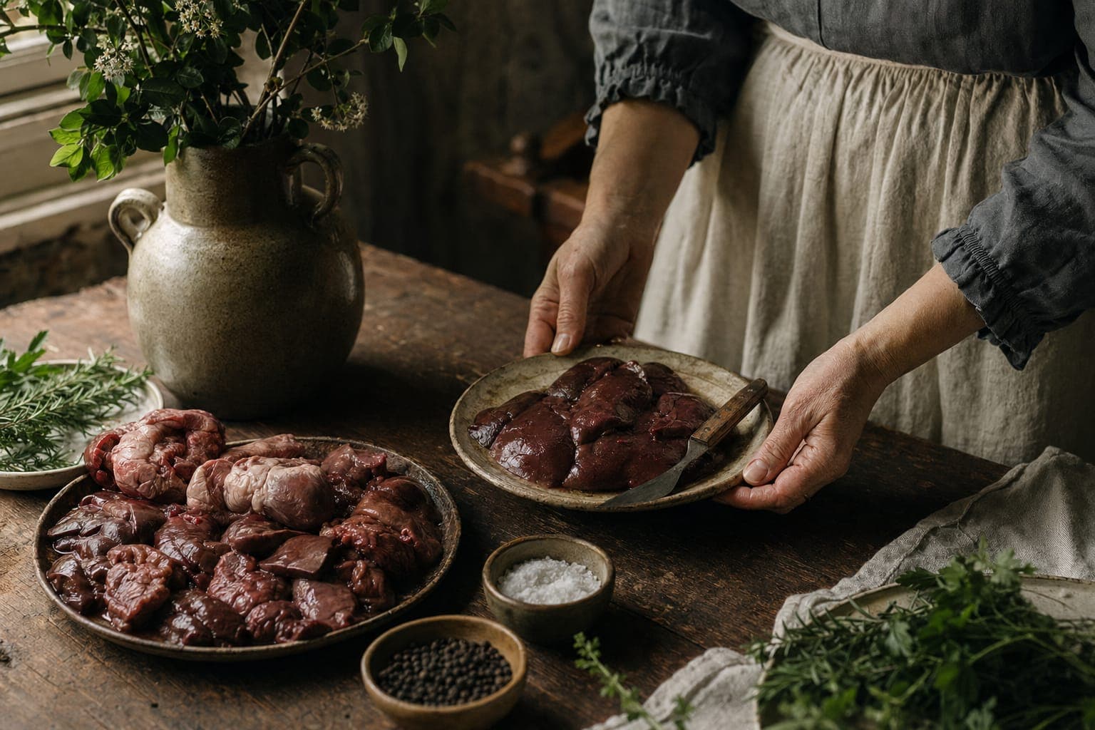 A plate of raw organ meat with herbs on a rustic table