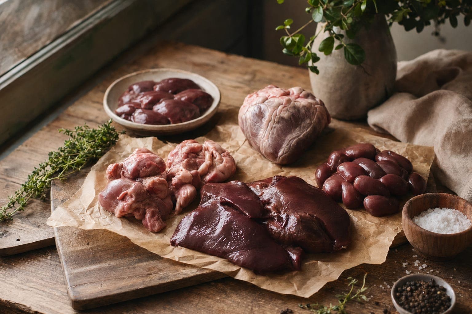 A board piled with raw organ meats in warm light