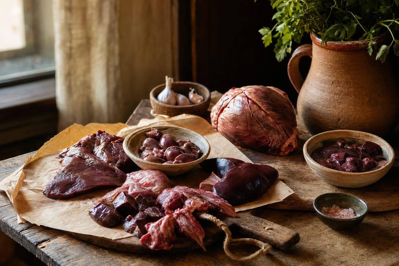 A spread of organ meats and vegetables on a wooden table