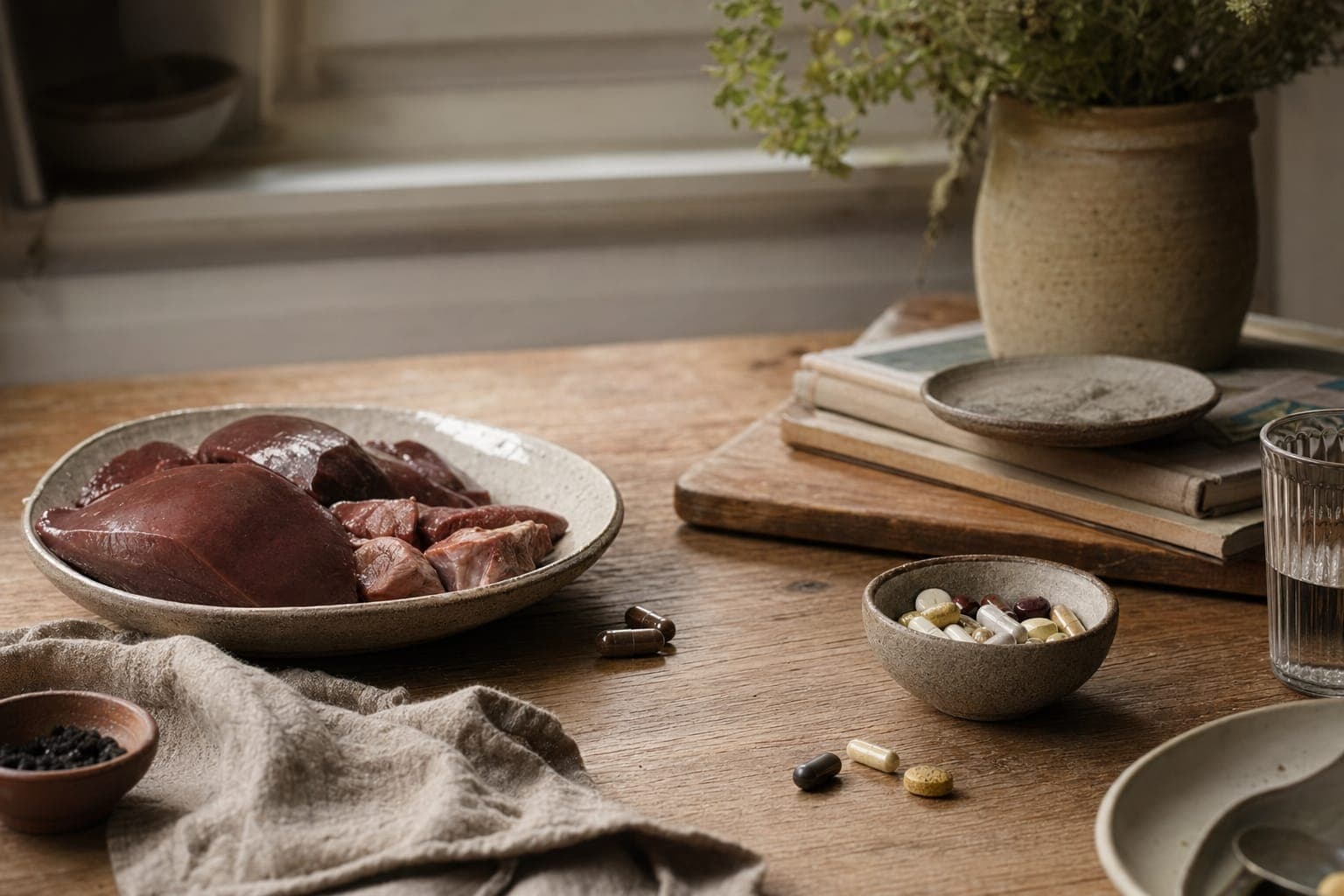 Raw liver on a board beside an empty plate in soft light