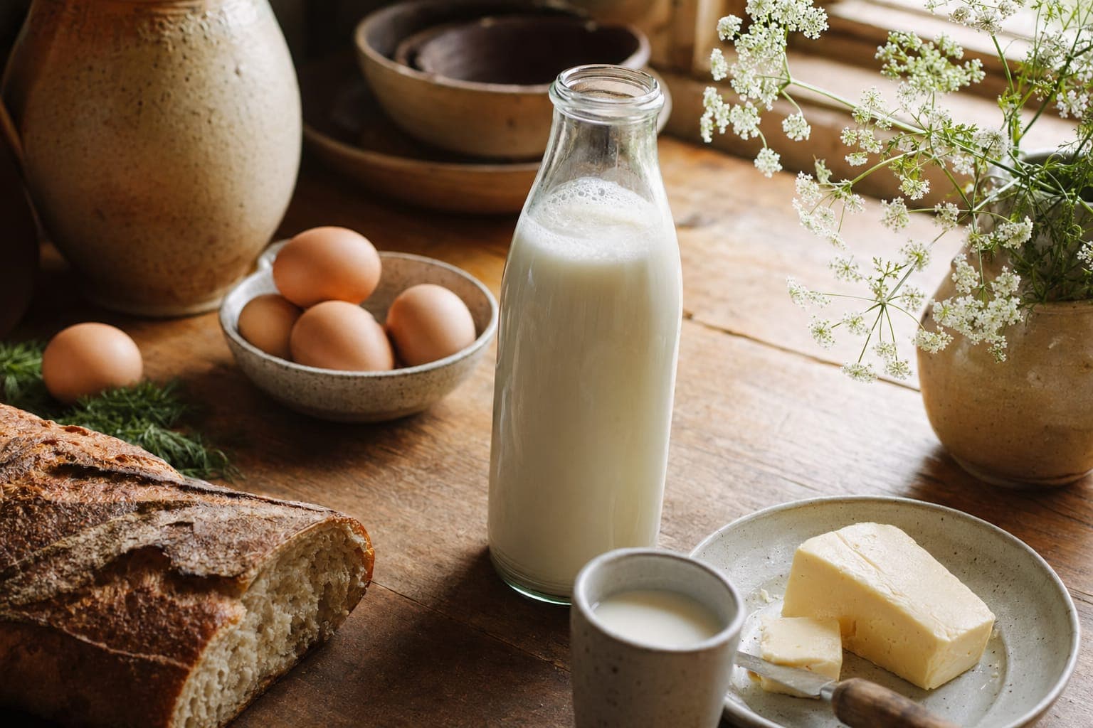 Milk, eggs and butter on a rustic table in soft light