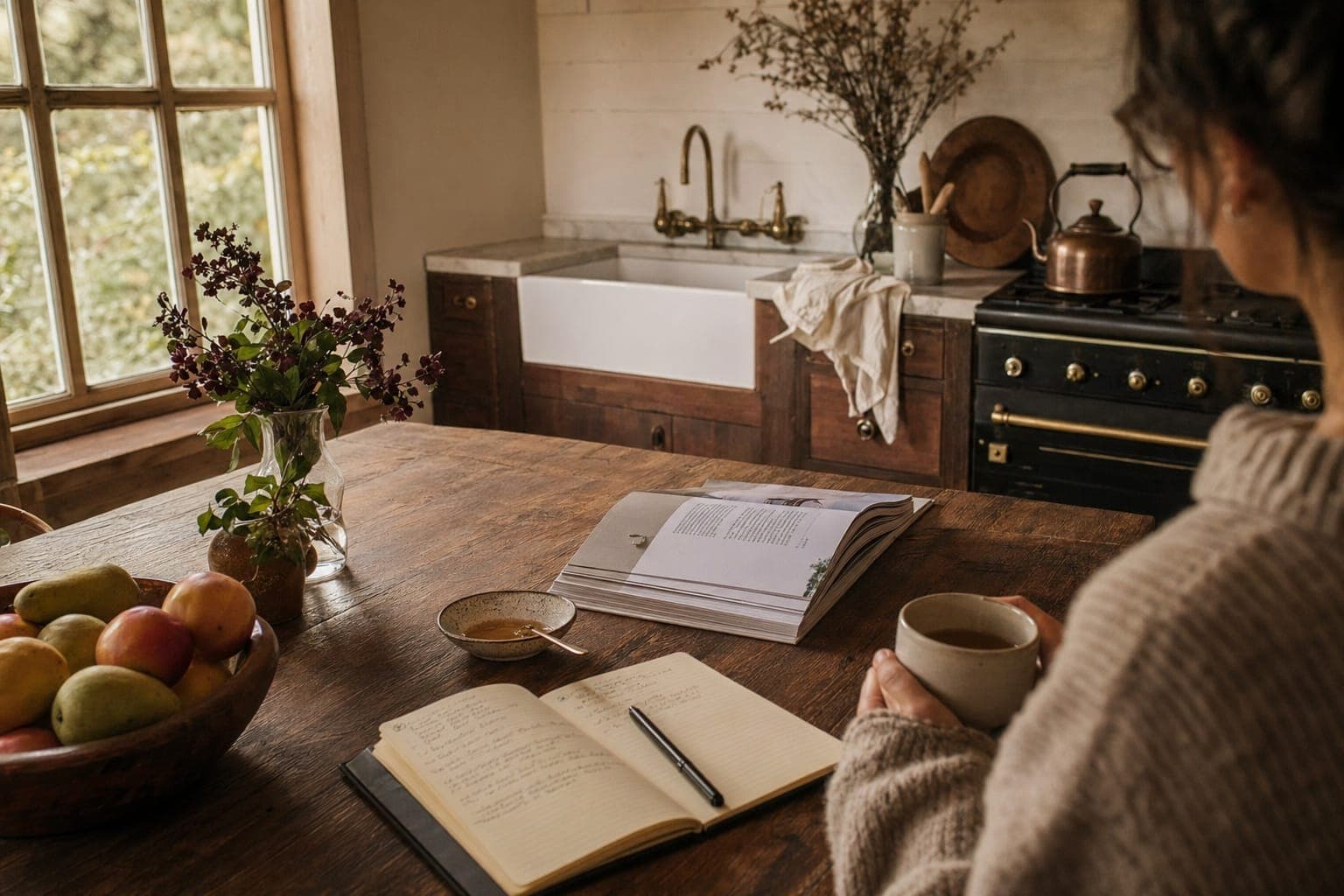 A woman with an open book at a kitchen counter in warm light