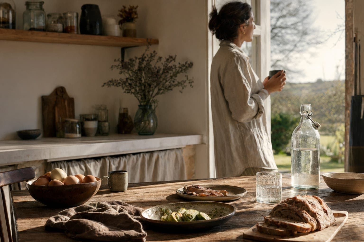 A woman holding a glass by a window in soft morning light