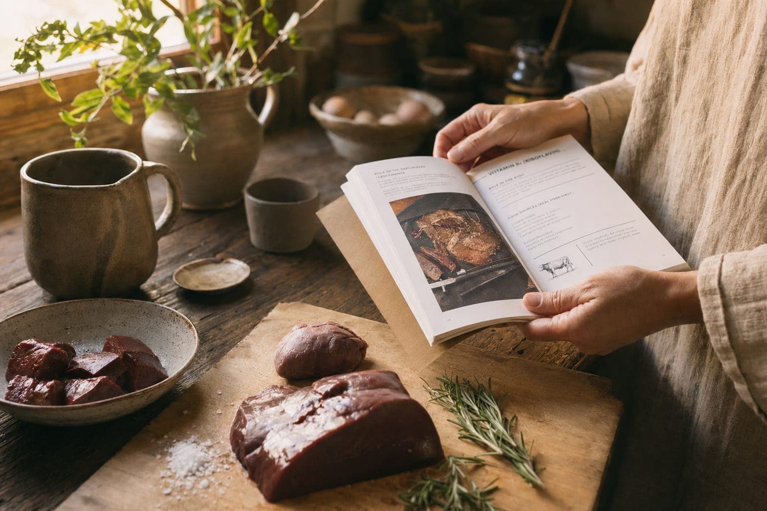 Hands holding a card at a table with meat and bowls in warm light