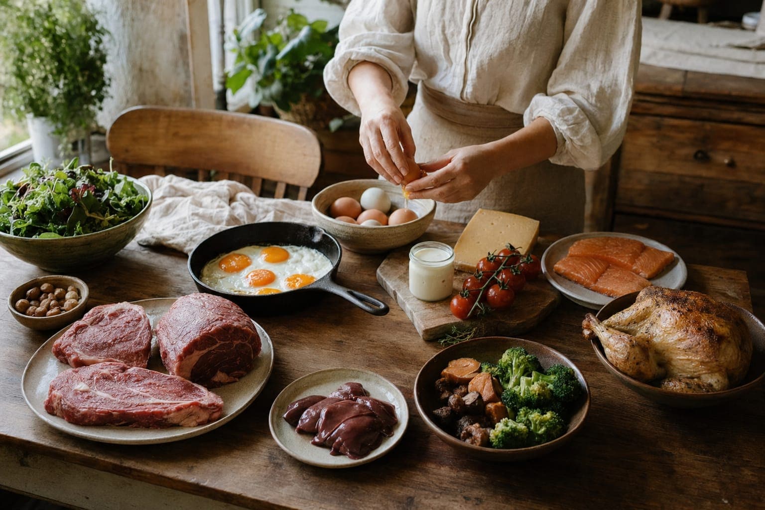 A table with charcuterie and bowls of food in warm light