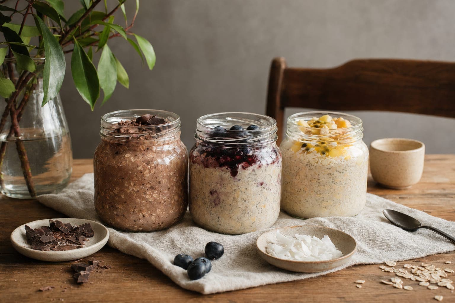 Jars of overnight oats with fruit toppings on a counter in soft light