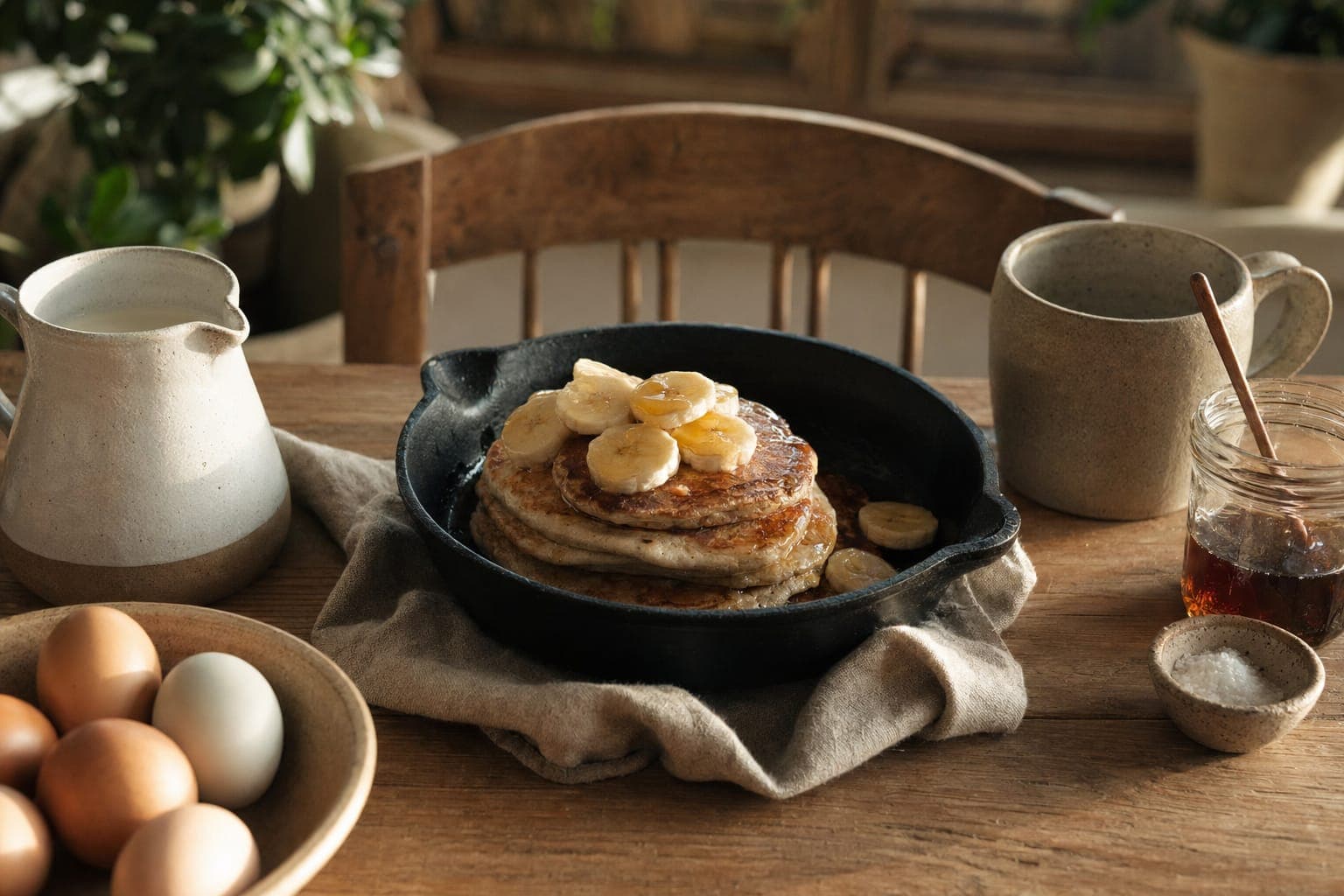A skillet of food on a rustic stove in warm light