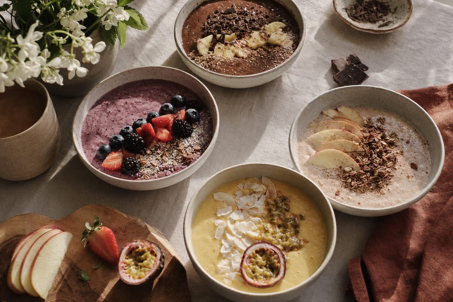 A bowl of berries and oats with bowls of fruit on a table