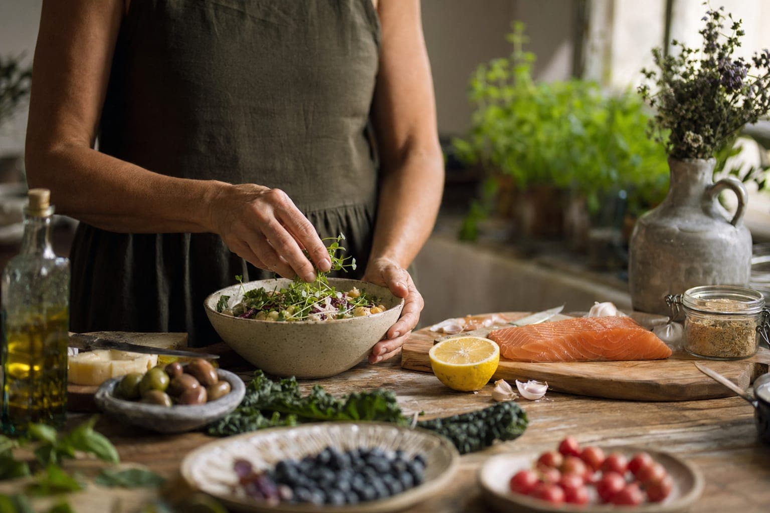 Salmon and fresh vegetables on a kitchen counter in warm light