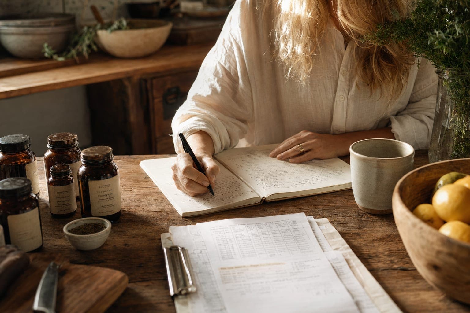 A woman reading at a table in soft natural light