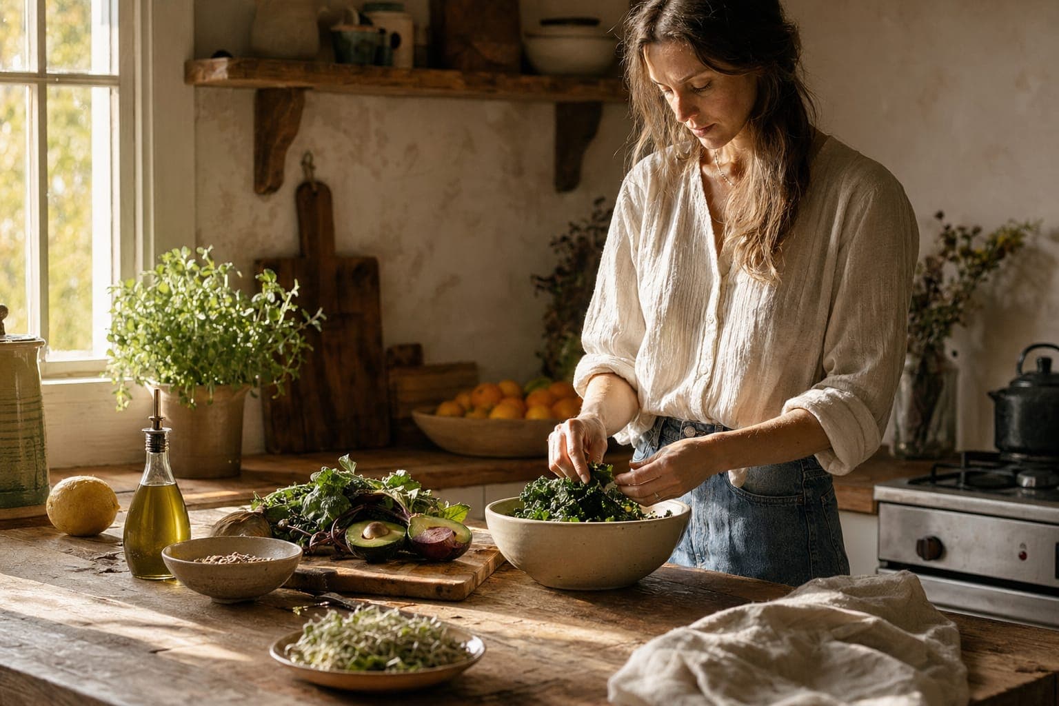 A man preparing leafy greens at a kitchen counter in warm light