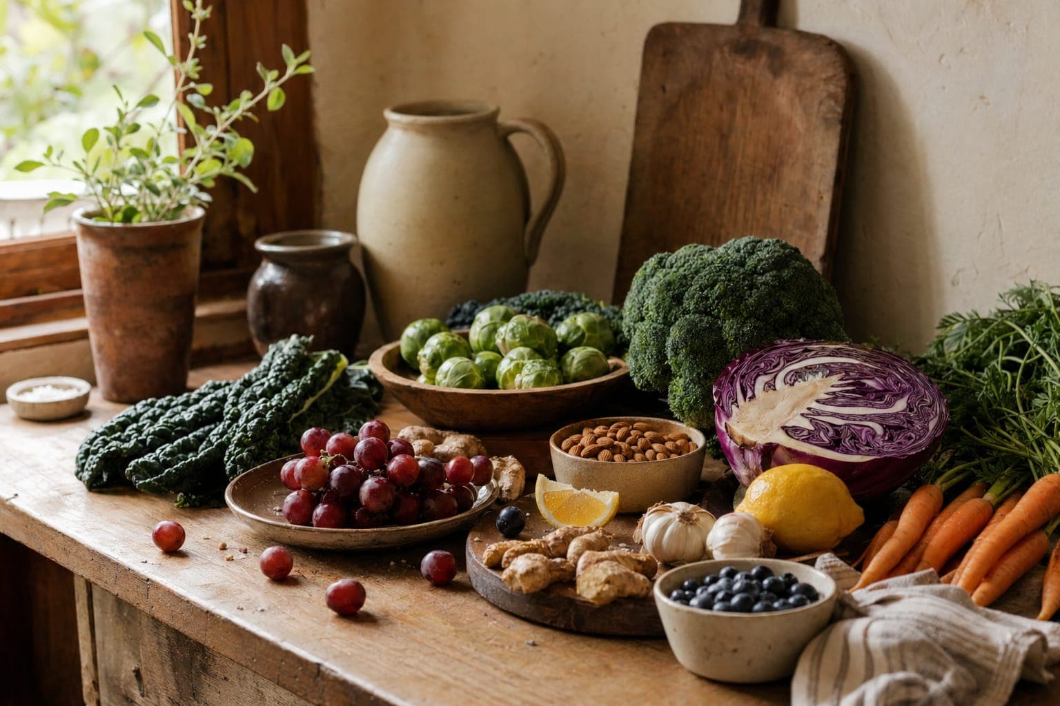 A colourful spread of vegetables and fruit on a dark table
