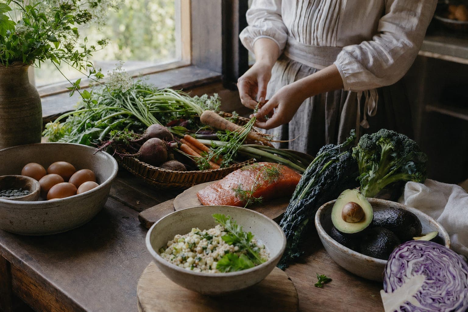 A person preparing vegetables and avocado at a counter in warm light