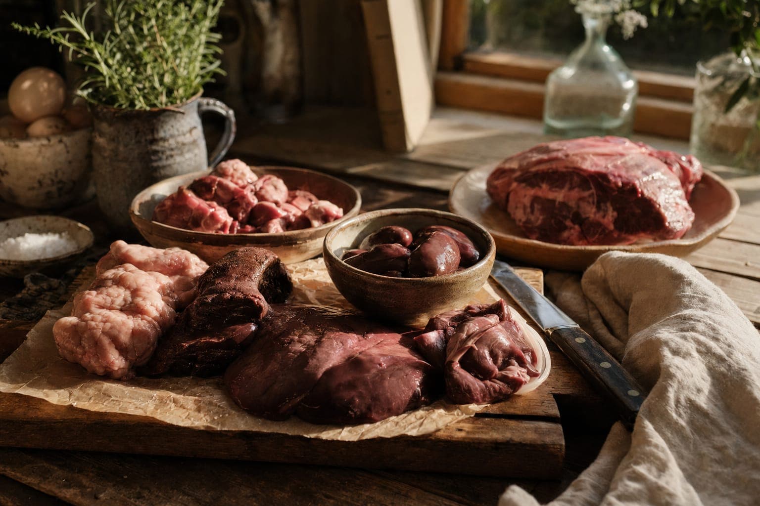 Sweet potatoes and raw meat on a kitchen counter in warm light