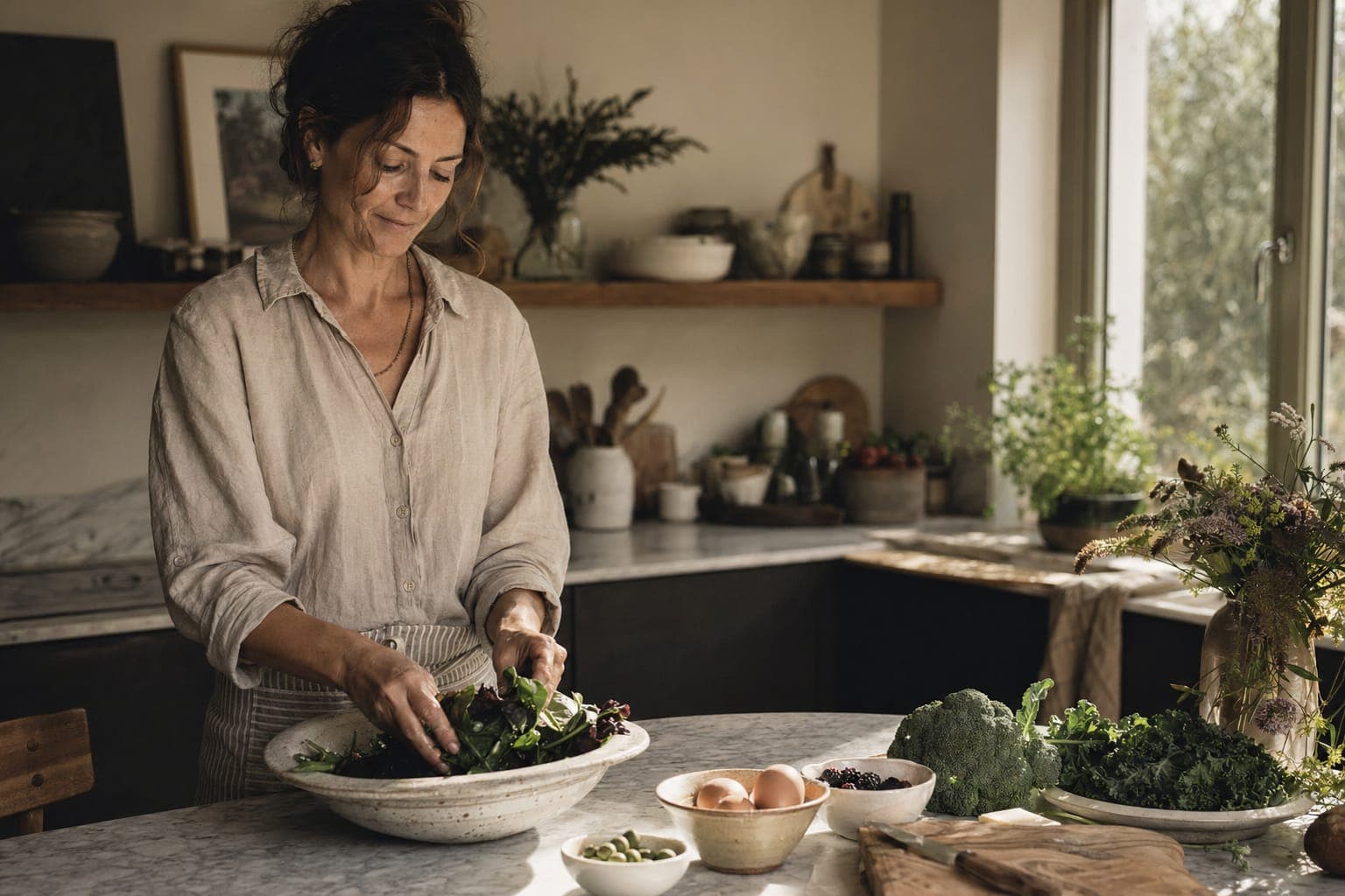A woman standing in a sunlit kitchen in soft light