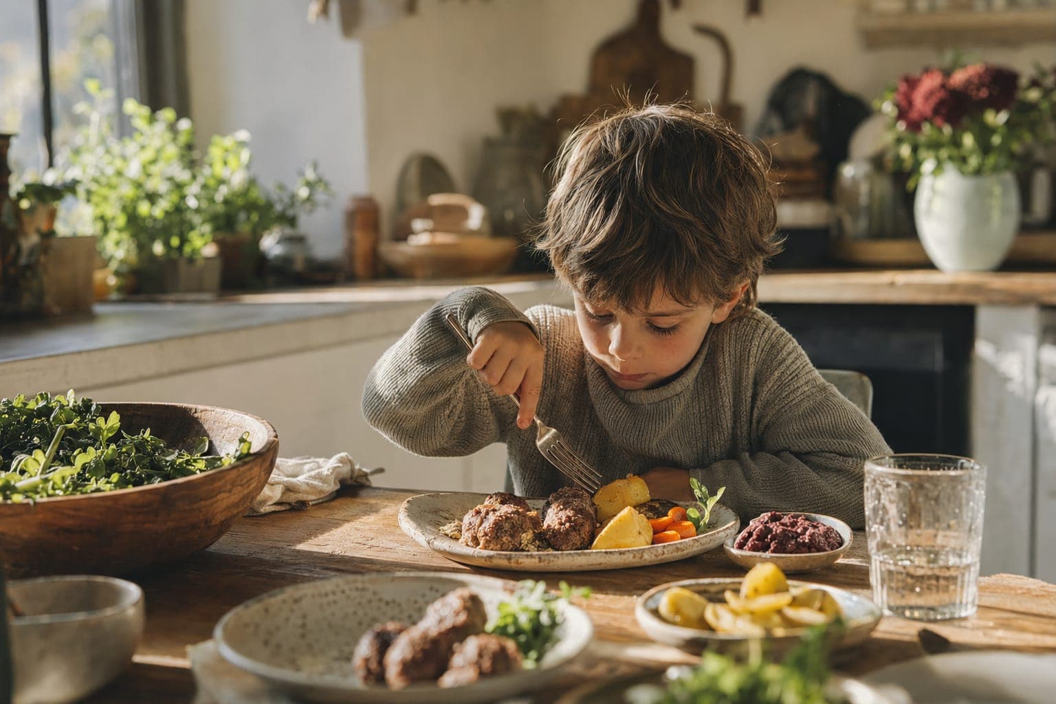 A child eating at a table with fresh food in warm light