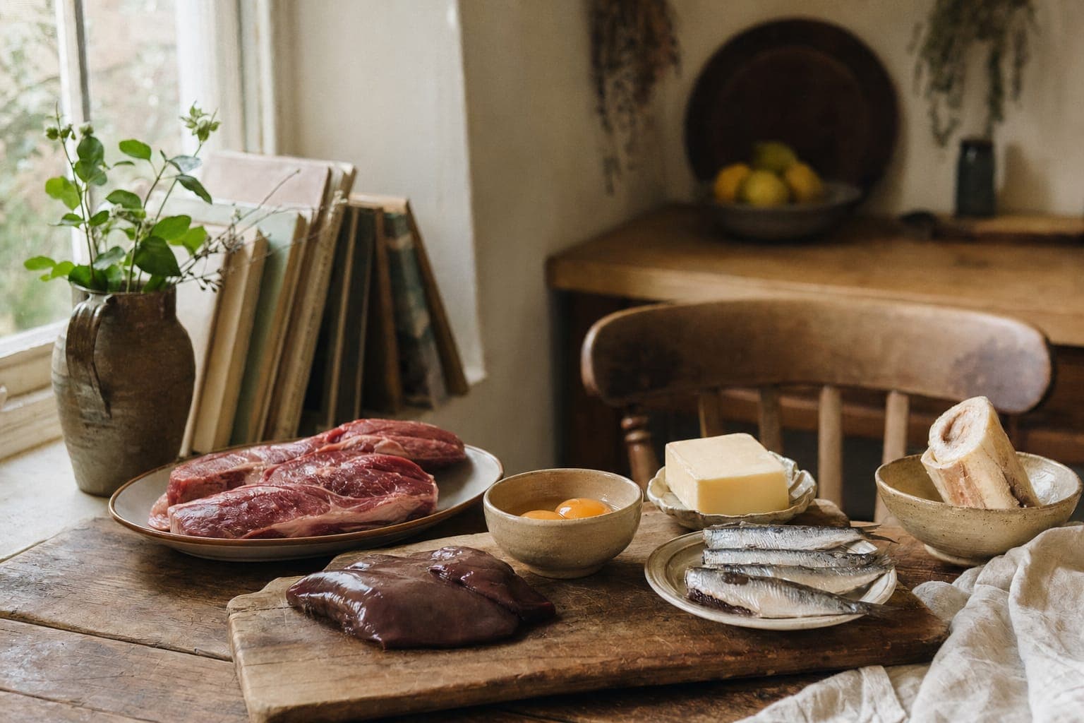 Raw meat and bowls of vegetables on a wooden board