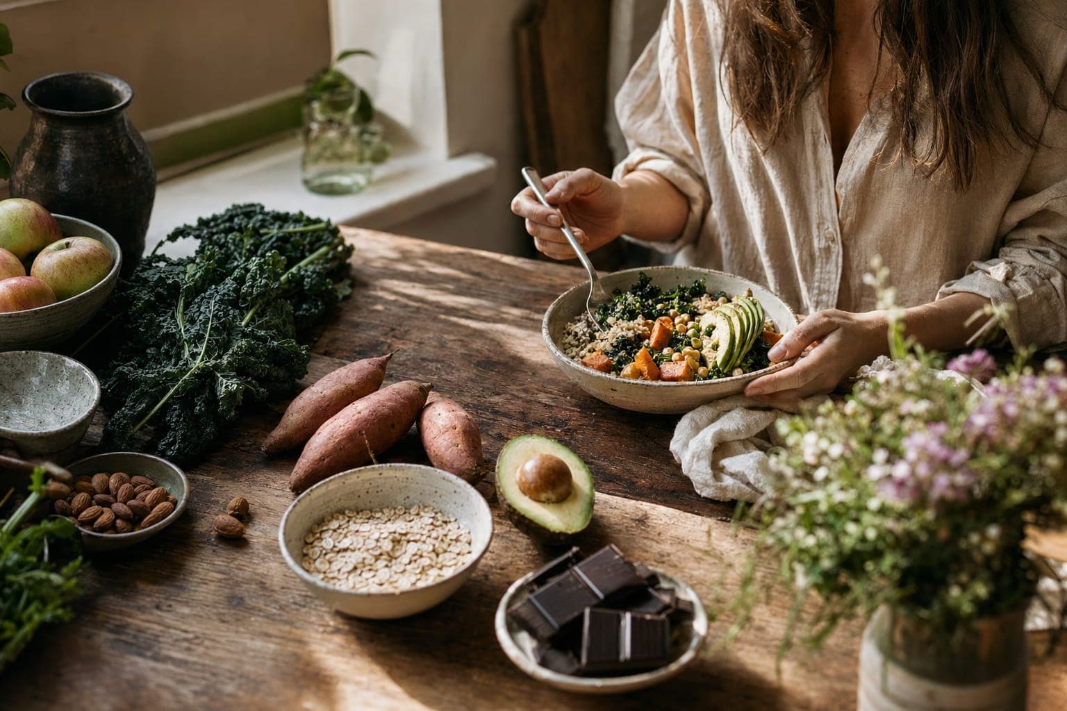 Fresh greens and avocado on a kitchen counter in warm light