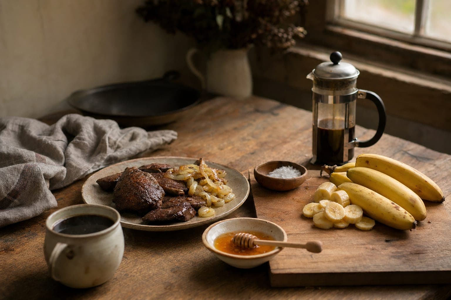 Bananas, a blender and a jug on a kitchen counter in soft light