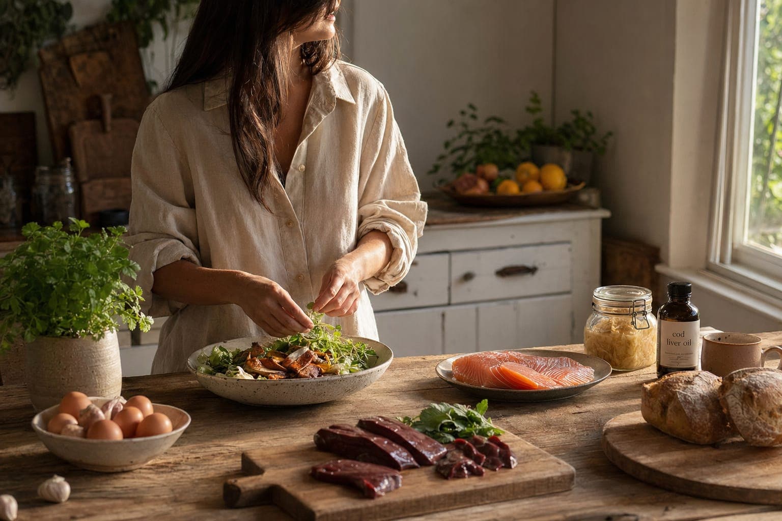 A pregnant woman preparing food at a kitchen counter in soft light
