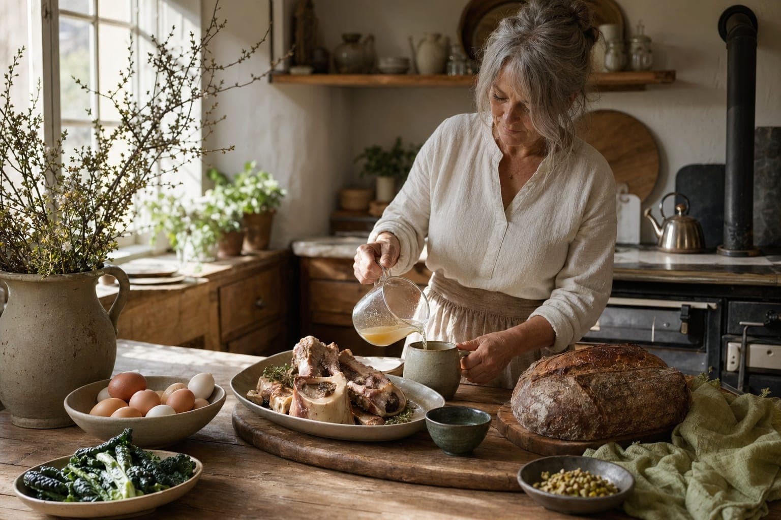A woman in a kitchen with bone broth and ingredients in warm light