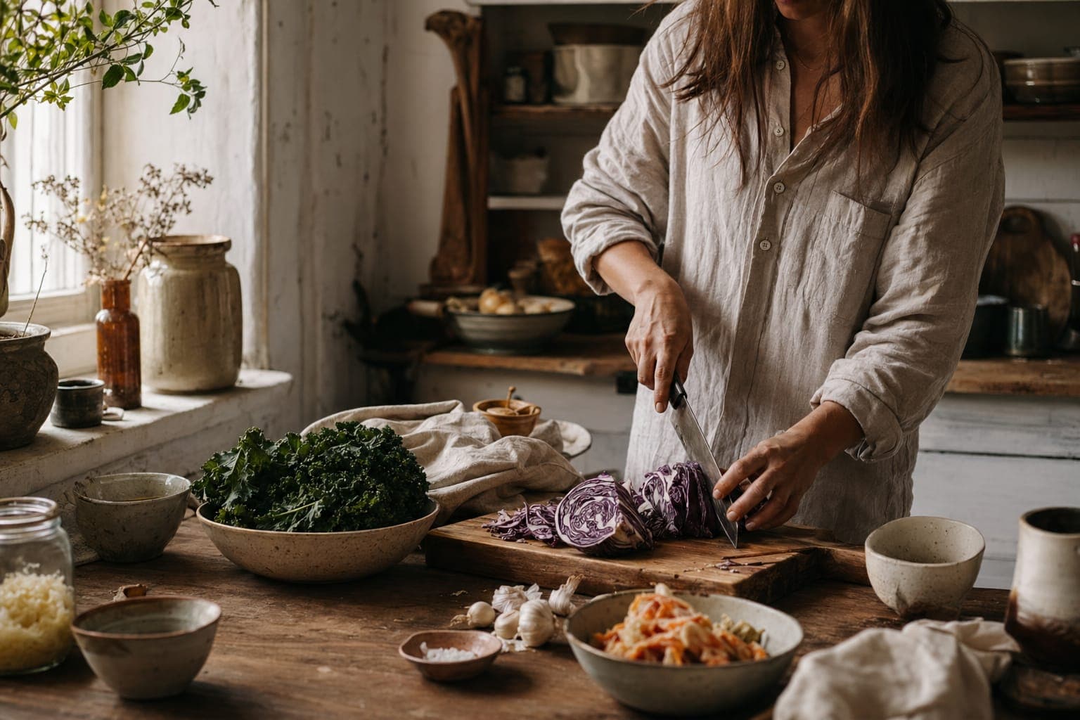A woman preparing greens at a kitchen counter in soft light