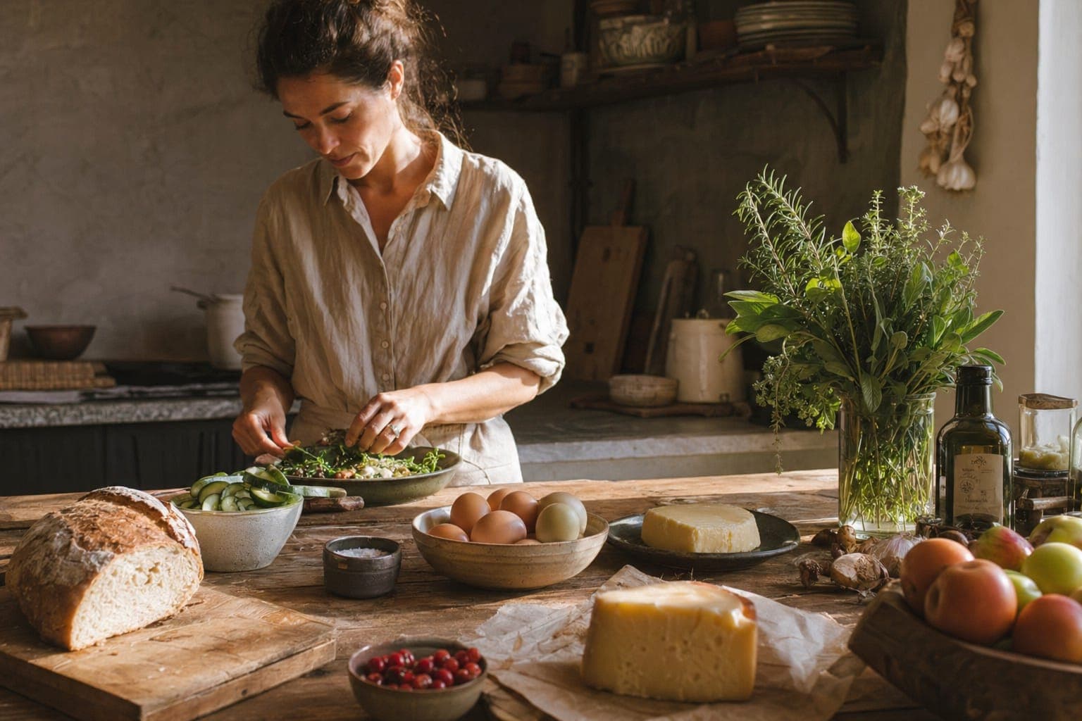 Fresh vegetables and bread on a kitchen counter in warm light
