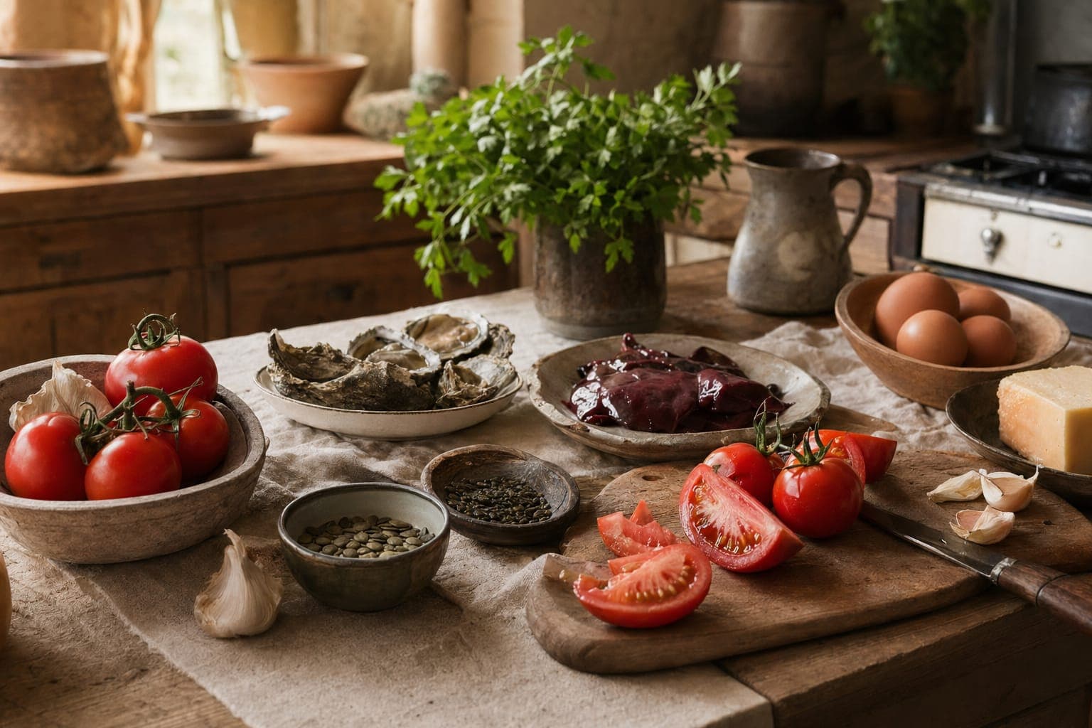 A spread of fruit, tomatoes and meat on a rustic table