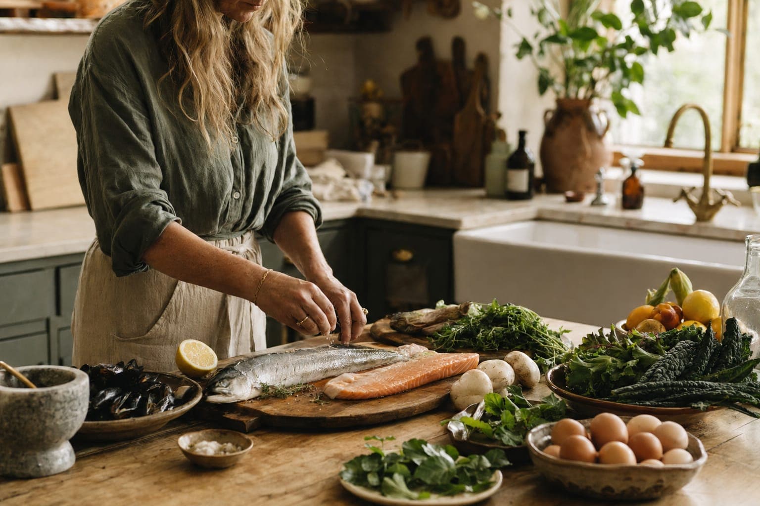A person preparing greens and fish at a counter in warm light