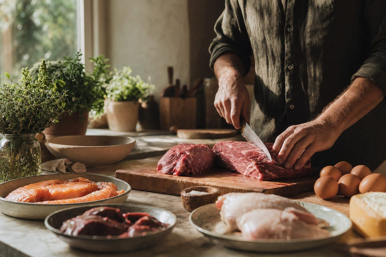Hands preparing salmon fillets on a counter in warm light