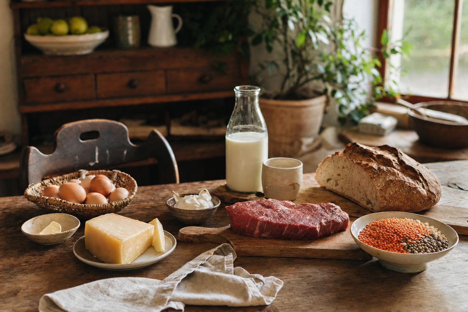 A spread of tomatoes, bread and meat on a rustic table