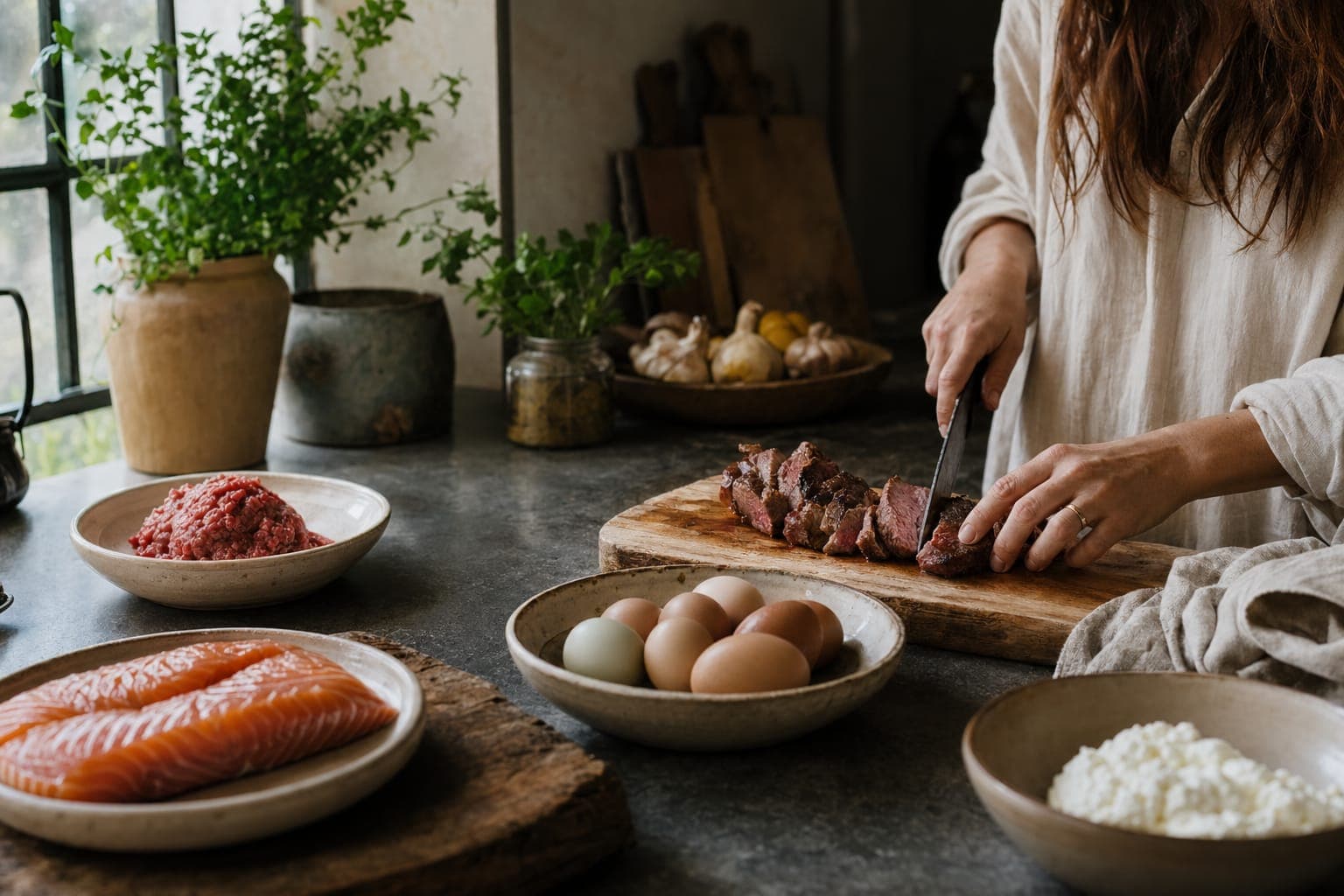 A woman preparing meat at a kitchen counter in soft light