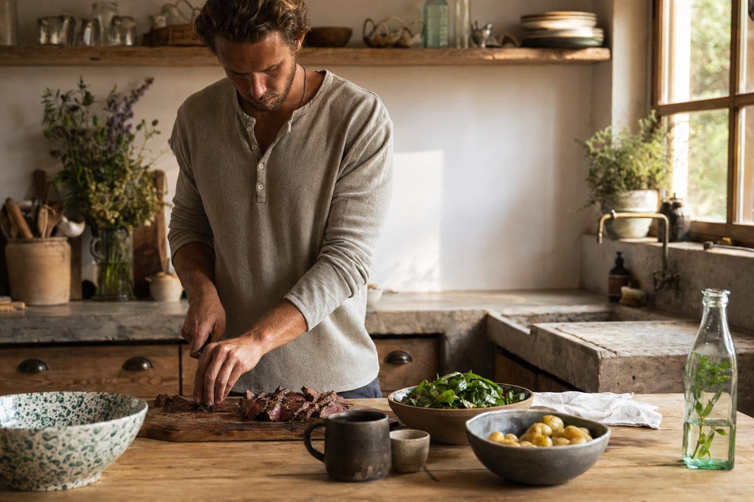 A man preparing meat at a kitchen counter in warm light