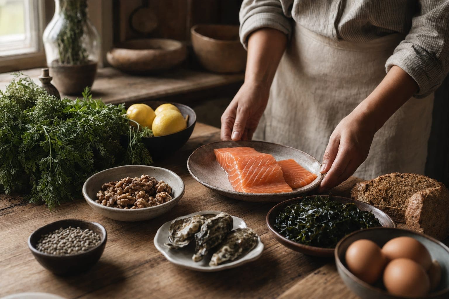 Hands preparing salmon with bowls of food in warm light