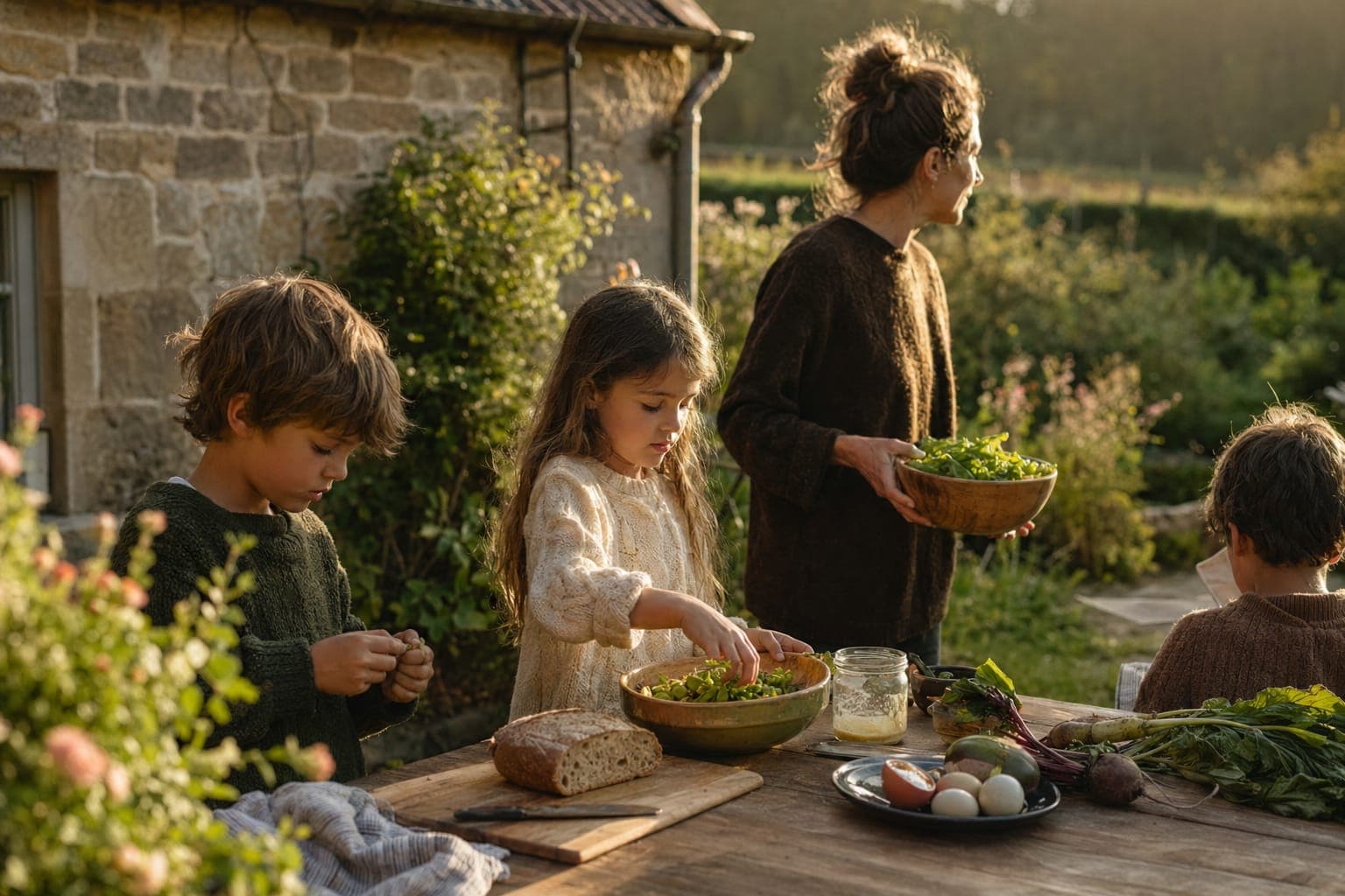 Children playing in a green garden in soft daylight