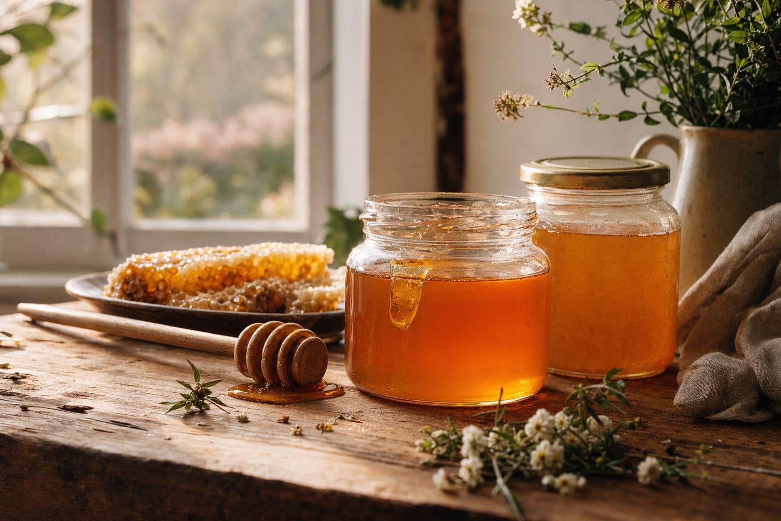 Jars of golden honey with a dipper on a rustic table